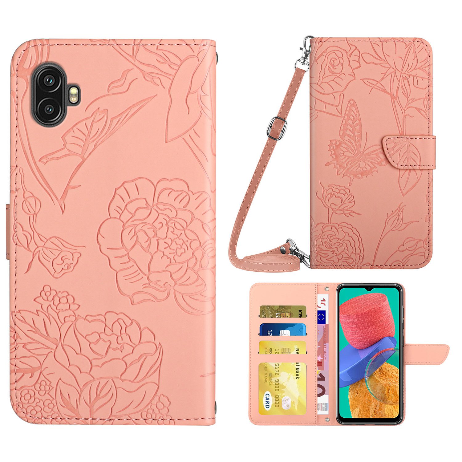 

For Samsung Galaxy Xcover Pro 2 Imprinted Butterfly Flowers Skin Feel PU Leather Case Shoulder Strap Wallet Stand Feature Flip Book Cover - Pink, Galaxy Xcover Pro 2