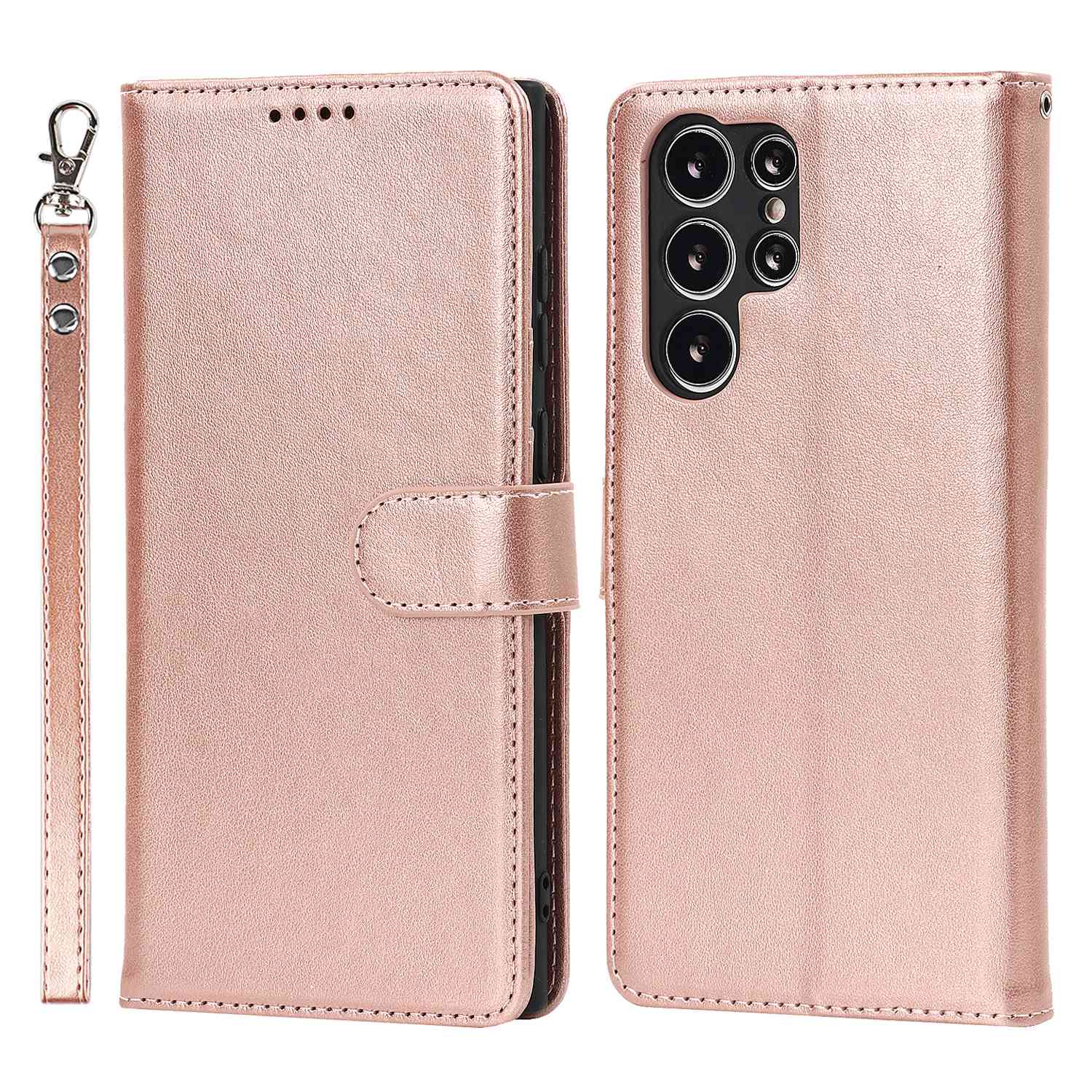

For Samsung Galaxy S22 Ultra 5G Wallet Case R61 Texture Felled Seam PU Leather Anti-Fall Stand Magnetic Phone Cover with Wrist Strap - Rose Gold, Galaxy S22 Ultra 5G
