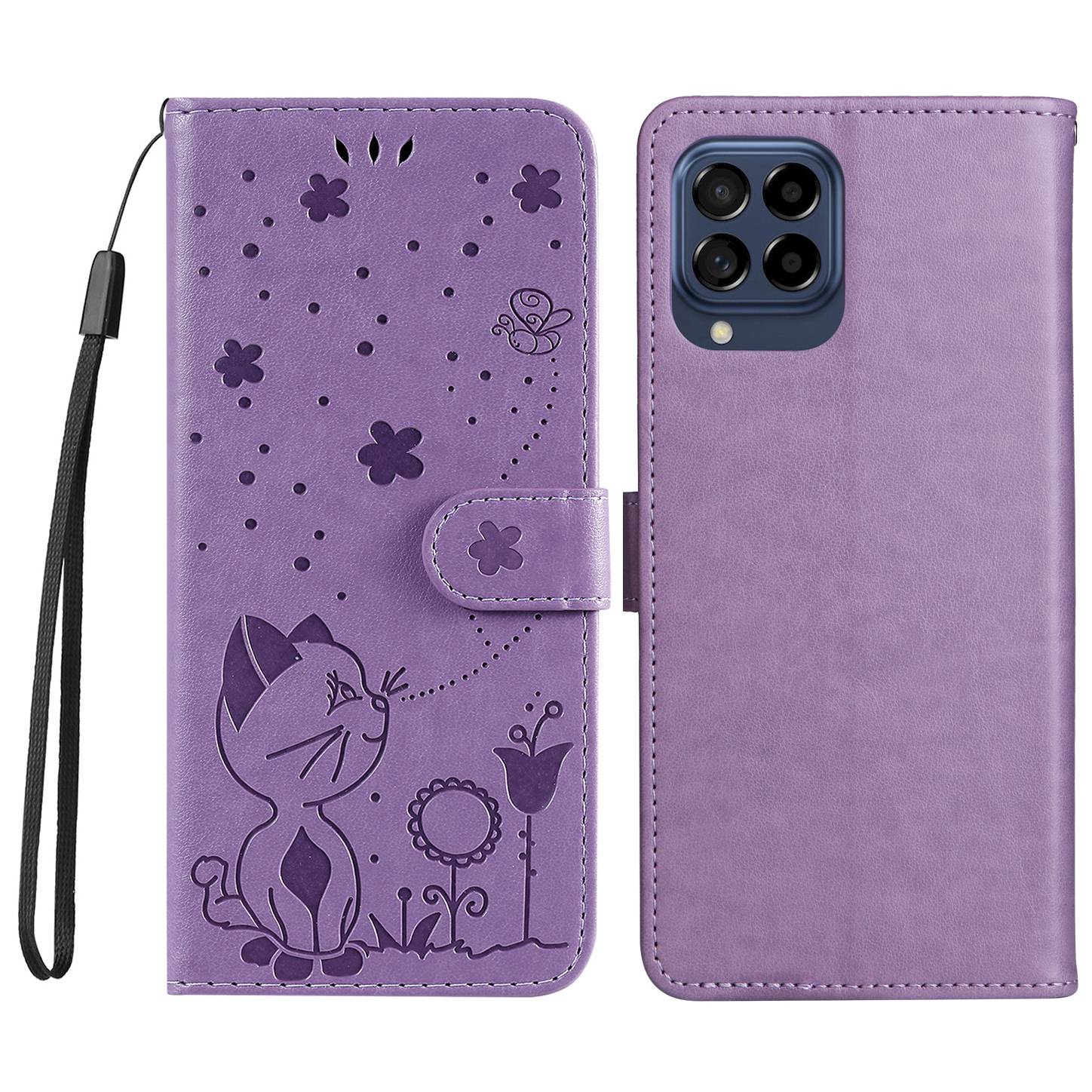

For Samsung Galaxy M53 5G KT Shockproof Imprinting Flower Series-4 PU Leather Cell Phone Cover Imprinted Cat and Bee Pattern Anti-drop Shell Wallet Stand Anti-scratch Phone Case with Strap - Purple, Galaxy M53 5G