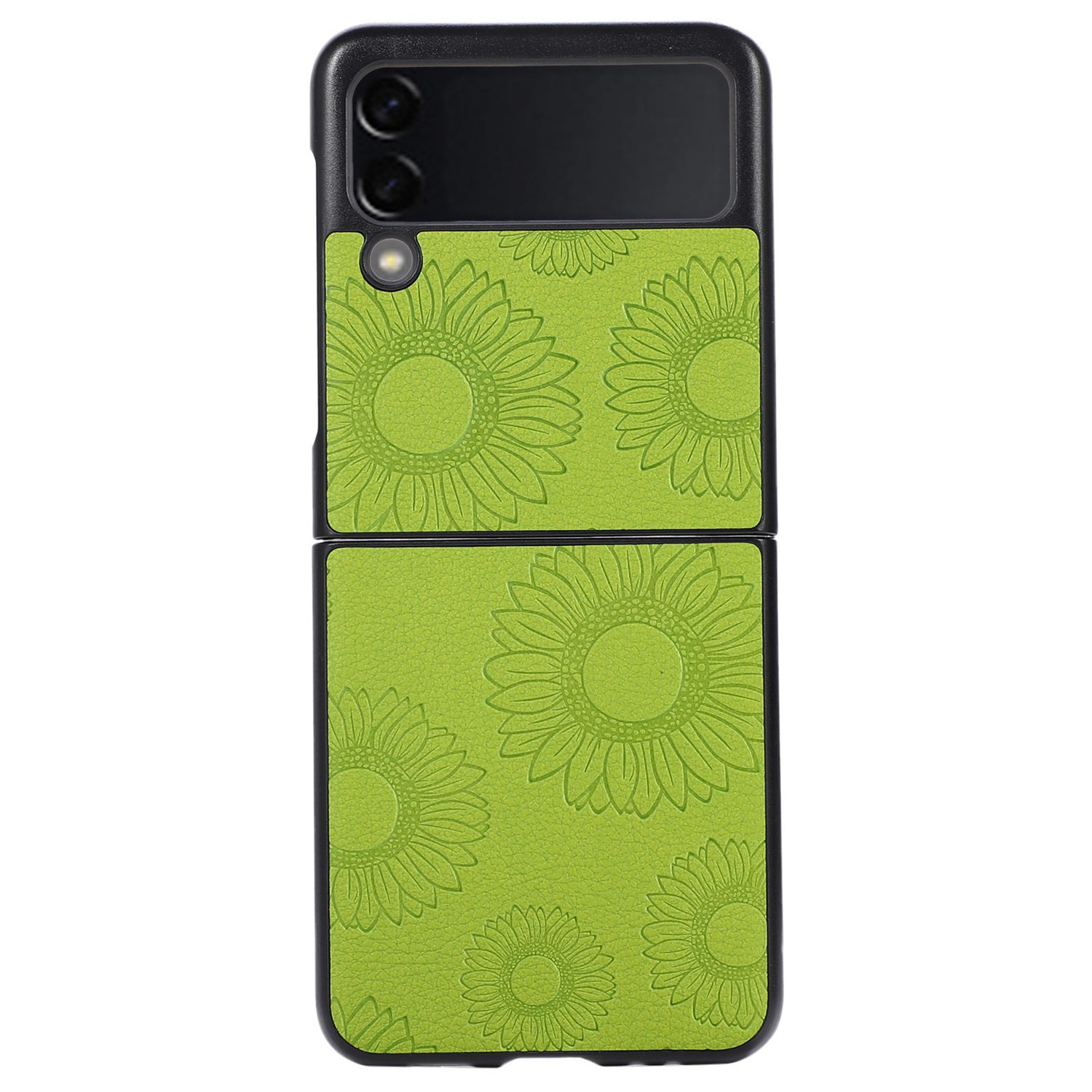 

For Samsung Galaxy Z Flip3 5G Drop-proof Phone Case Stylish Sunflower Pattern Imprinted PU Leather Coated PC Wear-resistant Phone Cover Shell - Light Green, Samsung Galaxy Z Flip3 5G