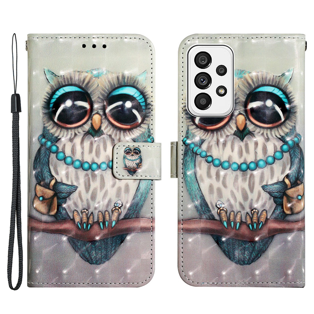 

For Samsung Galaxy A73 5G YB Pattern Printing Leather Series-2 Light Spot Decor 3D Pattern Phone Cover PU Leather Soft TPU Stand Wallet Phone Case with Strap - Grey Owl, Samsung Galaxy A73 5G
