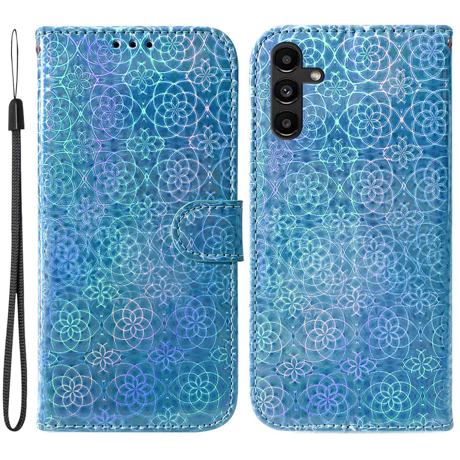 

For Samsung Galaxy A13 5G / A04s 4G (164.7 x 76.7 x 9.1 mm) Stand Wallet PU Leather Case Dazzling Flower Pattern Folio Flip Phone Cover - Blue, Galaxy A13 5G
