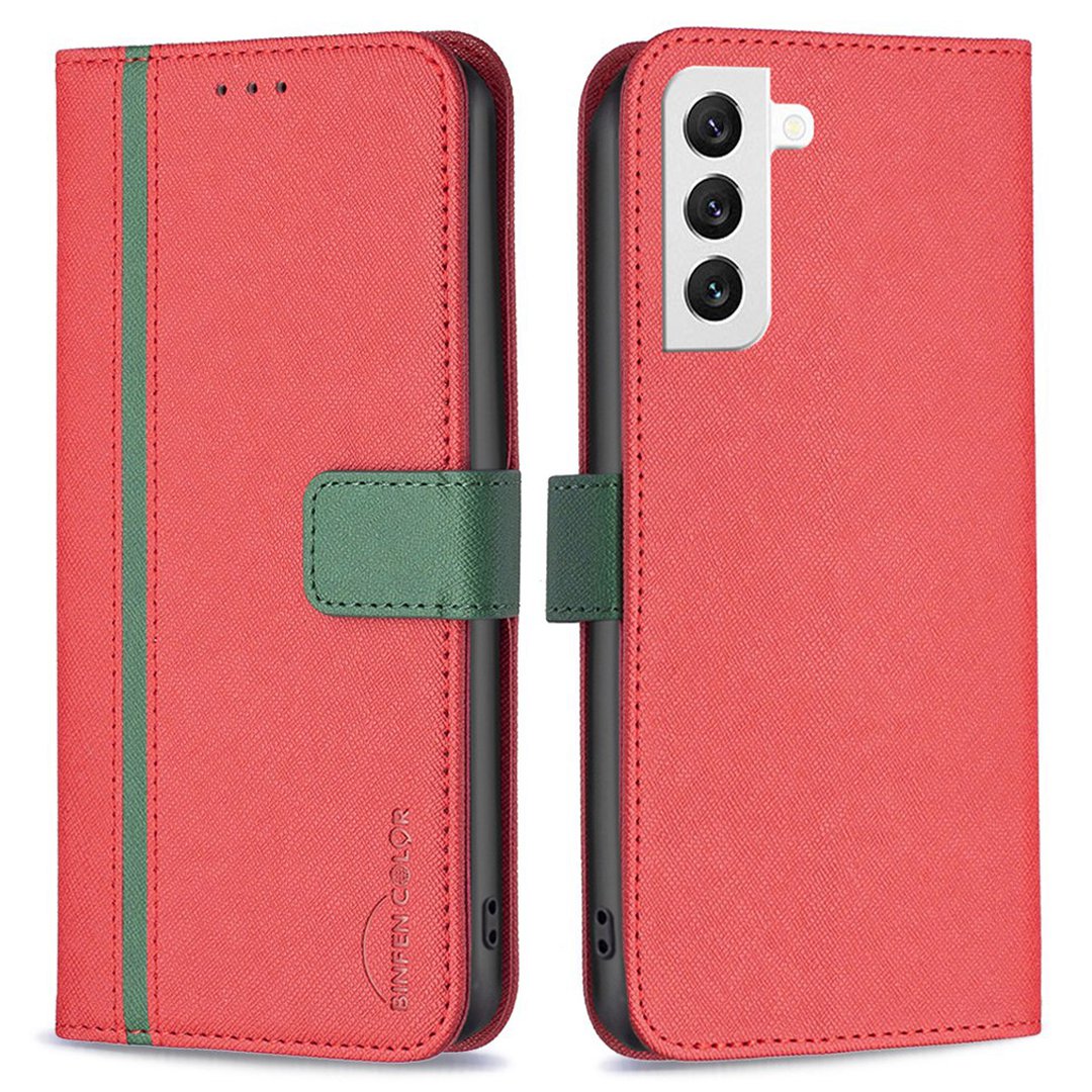 

BINFEN COLOR For Samsung Galaxy S22 5G BF Leather Series-9 Style 13 Stand Wallet Phone Case Matte Splicing PU Leather Cross Texture Folio Flip Cover - Red, Galaxy S22 5G
