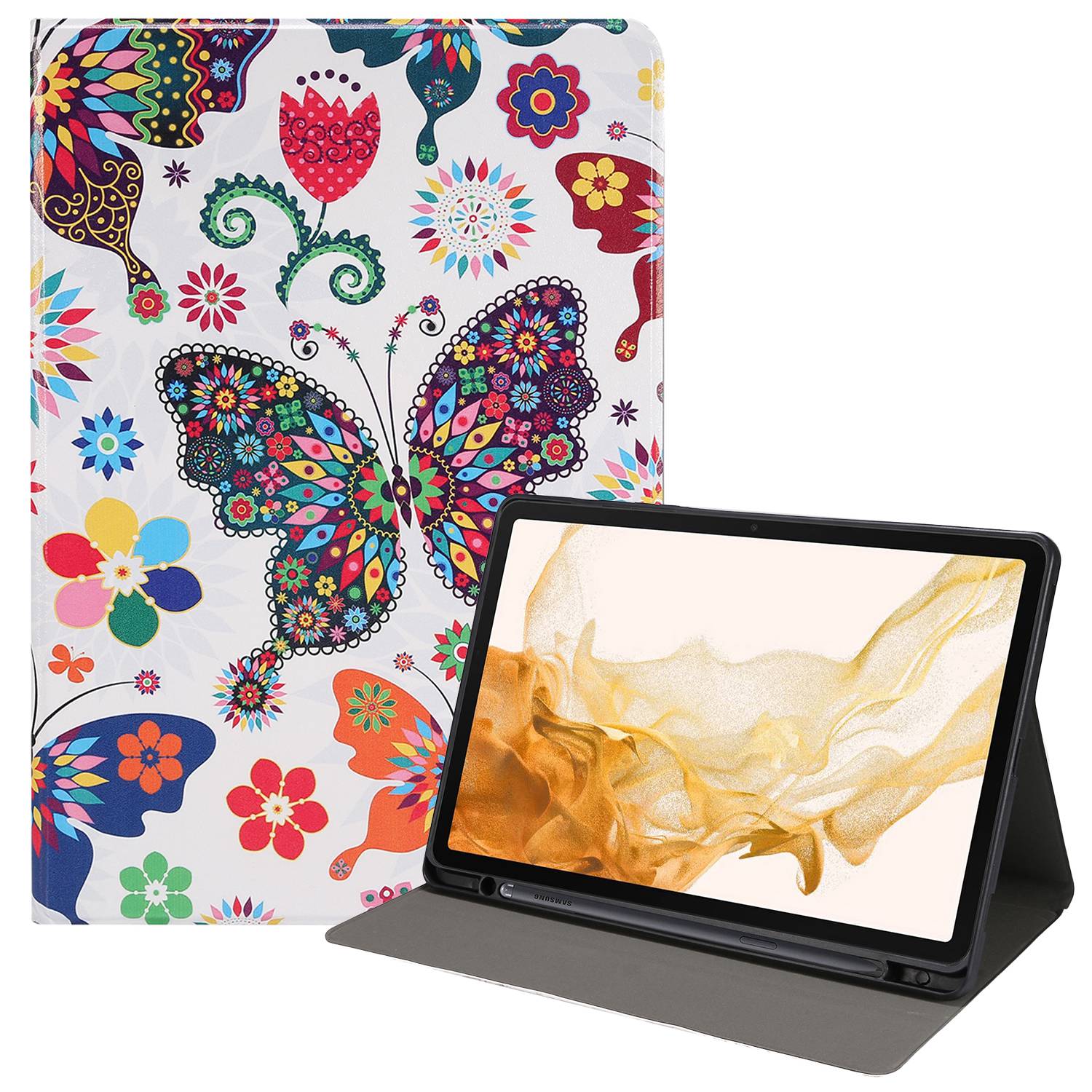 

For Samsung Galaxy Tab S8 SM-X700 11-inch Pattern Printing PU Leather Tablet Case Stand Auto Wake/Sleep Protective Cover with Pen Slot - Colorful Butterfly, Galaxy Tab S8