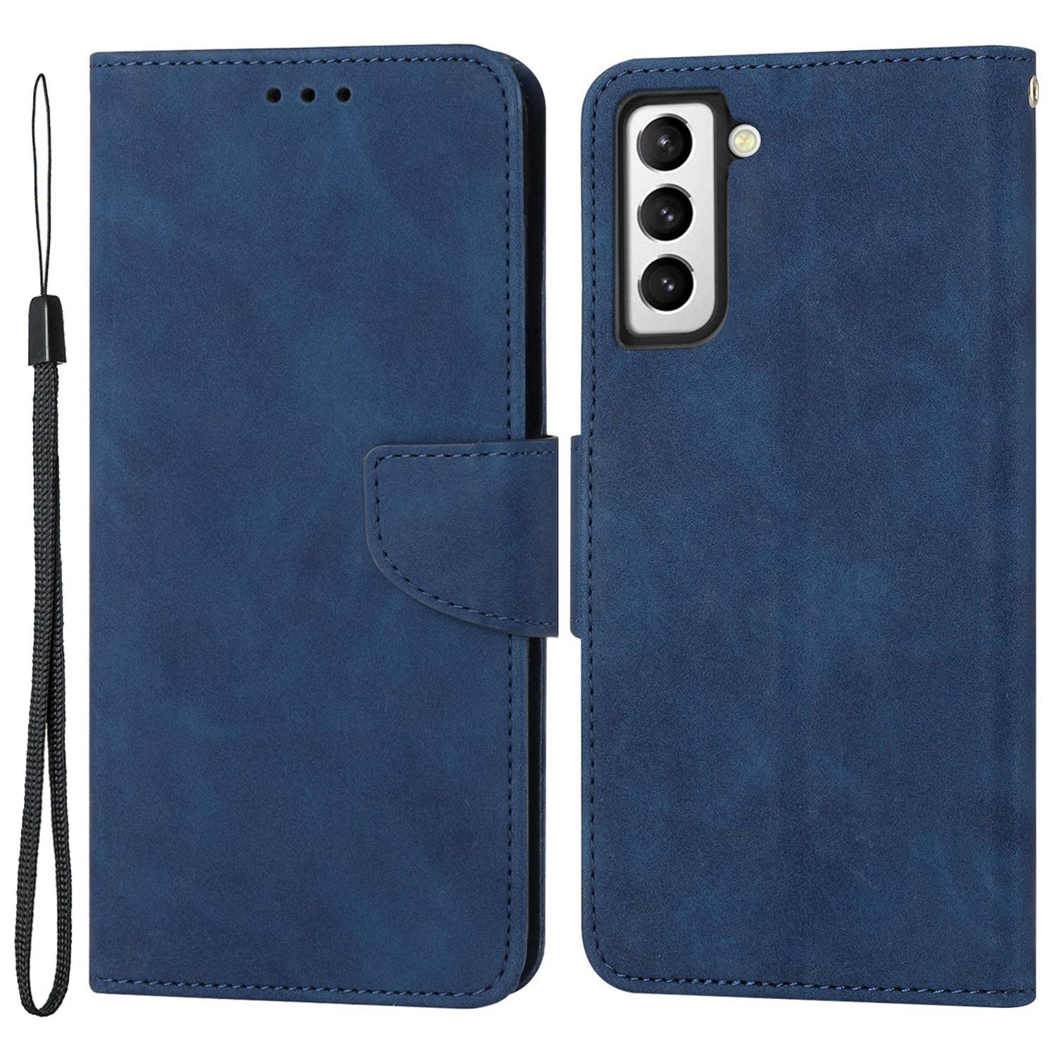 

For Samsung Galaxy S22 5G Anti-drop Phone Case Solid Color Calf Textured PU Leather Cover Wallet Stand with Magnetic Clasp - Blue, Galaxy S22 5G