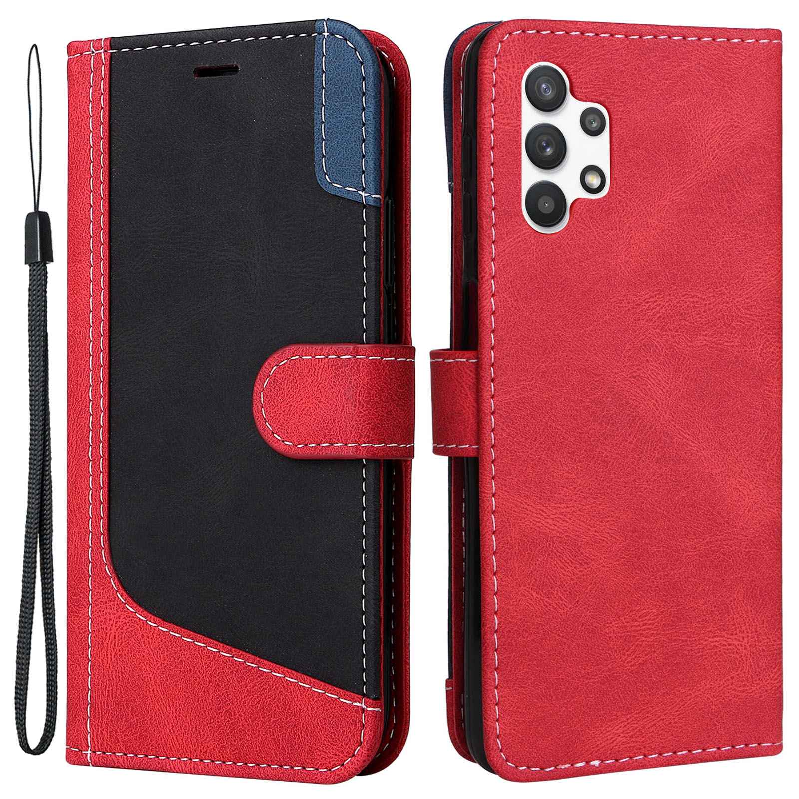 

For Samsung Galaxy A32 5G/M32 5G Anti-fall Tri-color Splicing PU Leather Phone Case Magnetic Clasp Scratch Resistant Wallet Cover Shell - Red, Galaxy A32 5G