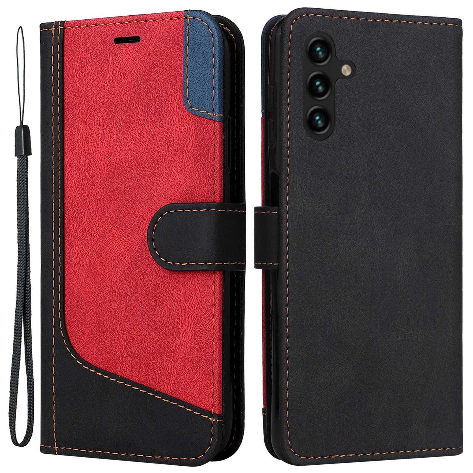 

For Samsung Galaxy A13 5G / A04s 4G (164.7 x 76.7 x 9.1 mm) PU Leather Phone Case Anti-scratch Wallet Stand Anti-drop Three-color Splicing Style Phone Protection Shell - Black, Galaxy A13 5G
