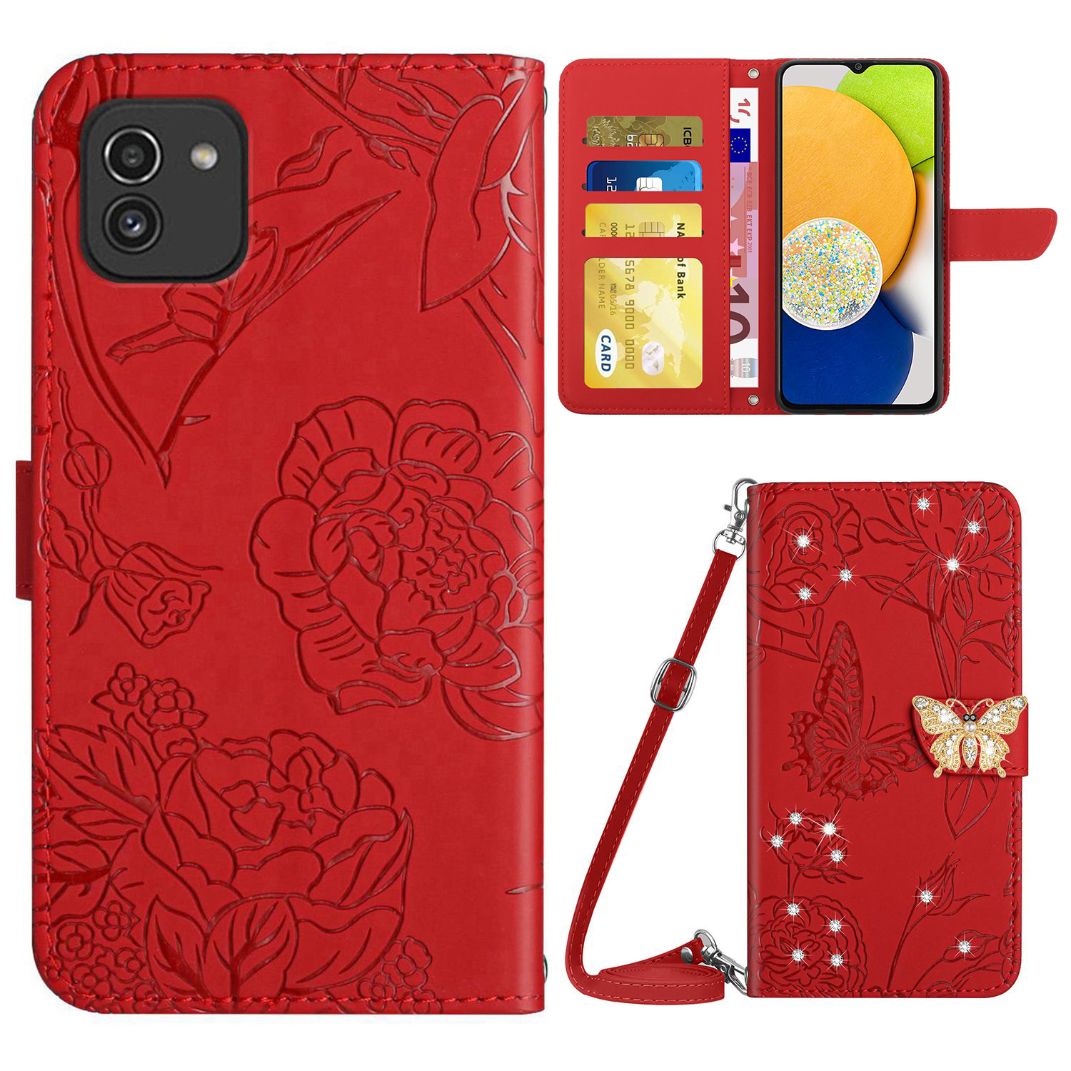 

For Samsung Galaxy A03 (166.5 x 75.98 x 9.14mm) Butterfly Flowers Imprinted Rhinestone Decor All-round Shockproof Phone Cover Wallet Stand Leather Case with Shoulder Strap - Red, Samsung Galaxy A03 (166.5 x 75.98 x 9.14mm)