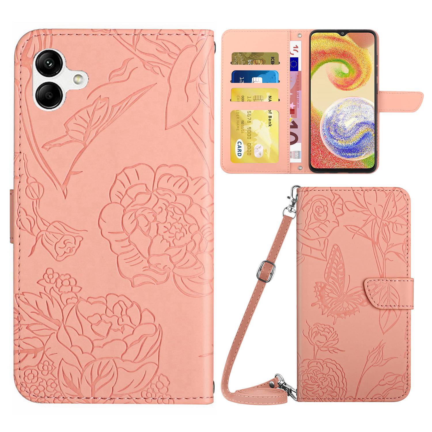 

Shockproof Phone Case For Samsung Galaxy A04 4G (164.4 x 76.3 x 9.1 mm), Butterfly Flowers Imprinted Phone Cover PU Leather Skin-touch Stand Wallet Case with Shoulder Strap - Pink, Galaxy A04 4G (164.4 x 76.3 x 9.1 mm)