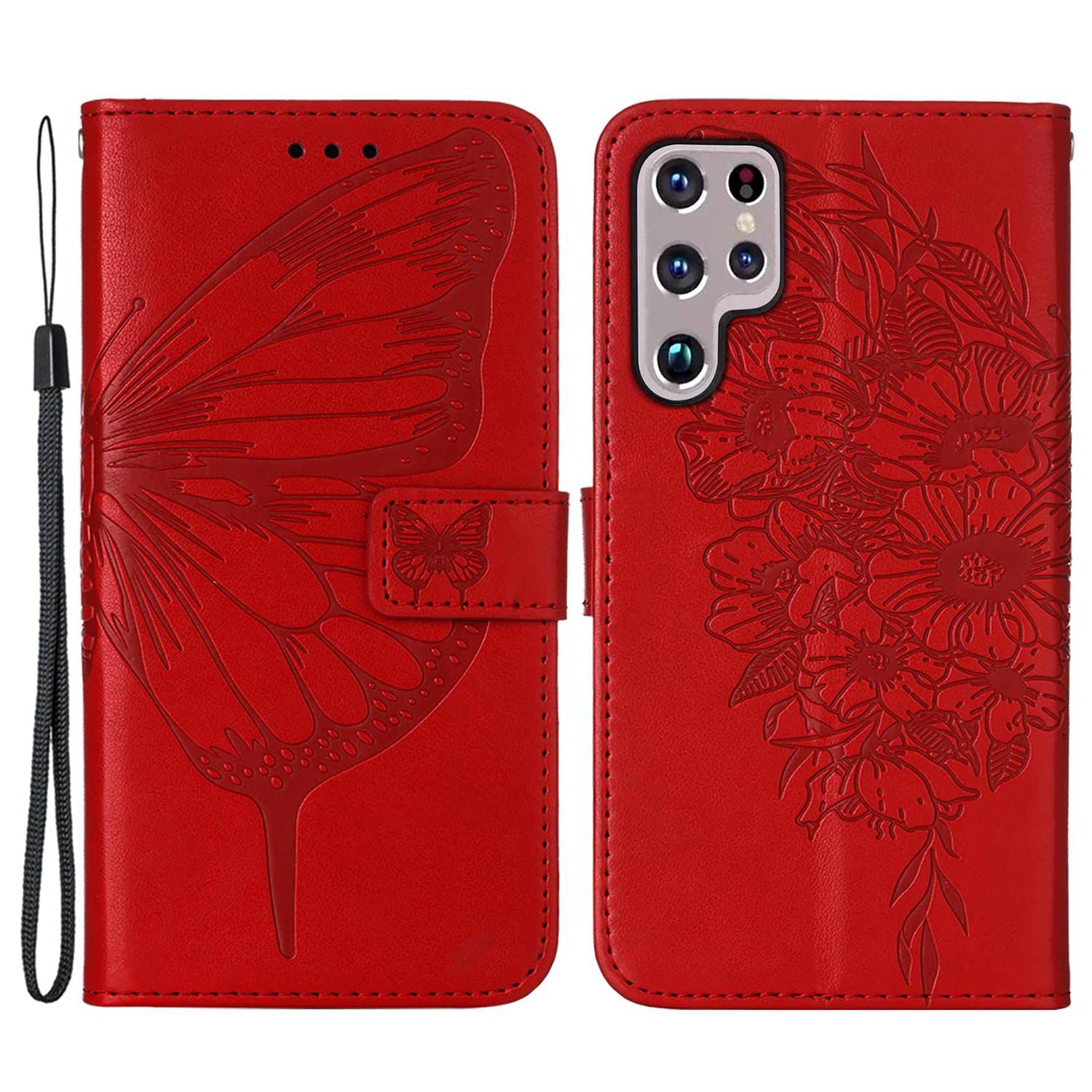 

YB Imprinting Series-4 for Samsung Galaxy S23 Ultra PU Leather Full Protection Phone Case Butterfly Flower Imprinted Flip Stand Wallet Cover with Strap - Red, Galaxy S23 Ultra