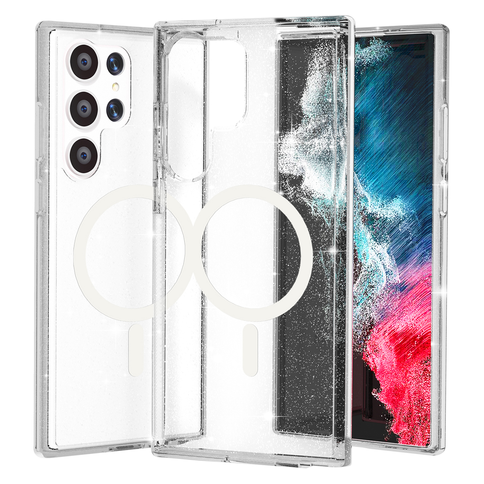 

Für Samsung Galaxy S23 Ultra Magnetic Clear Case Hard PC Soft TPU Glitter -telefonabdeckung - Glänzend Weiß, Galaxy S23 Ultra