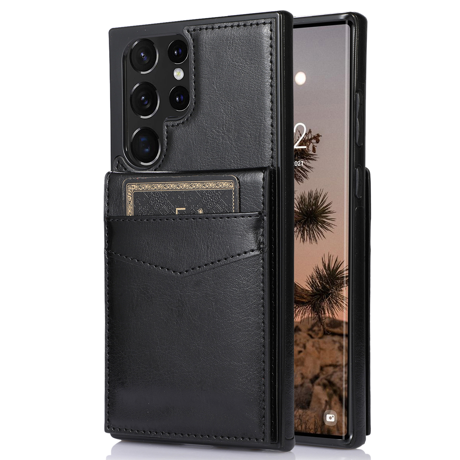 

Kickstand -koffer Für Samsung Galaxy S23 Ultra -karten -slots PU Lederbeschichtete TPU -telefonabdeckung - Schwarz, Galaxy S23 Ultra