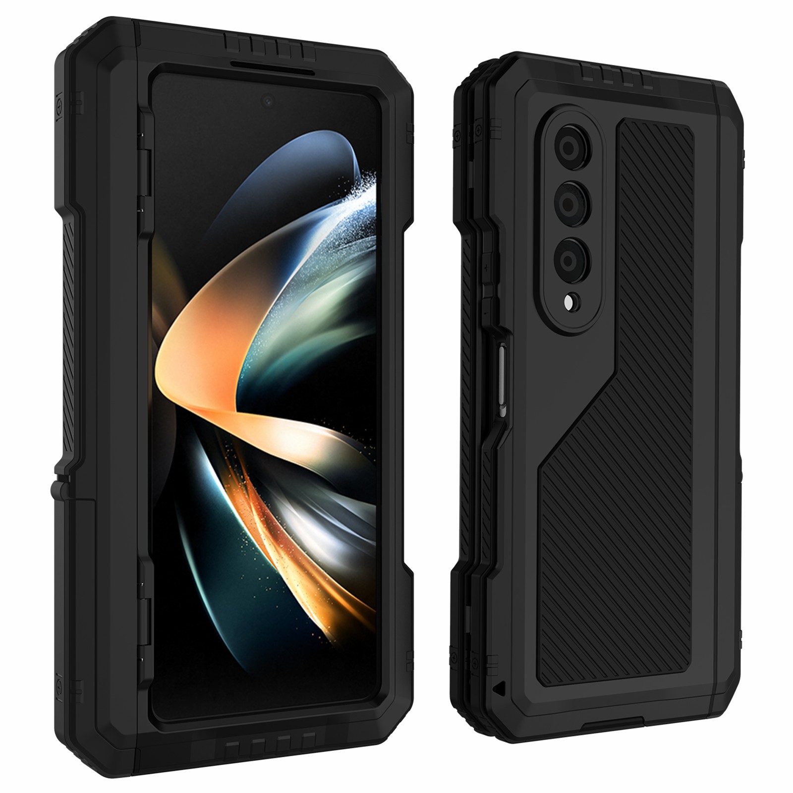 

Für Samsung Galaxy Z Fold4 5G Aluminiumlegierung + Silicon Phone Hülle Schockdestaudsicherer Ständer -schutzabdeckung Mit Bildschirmschutz - Schwarz, Galaxy Z Fold4 5G