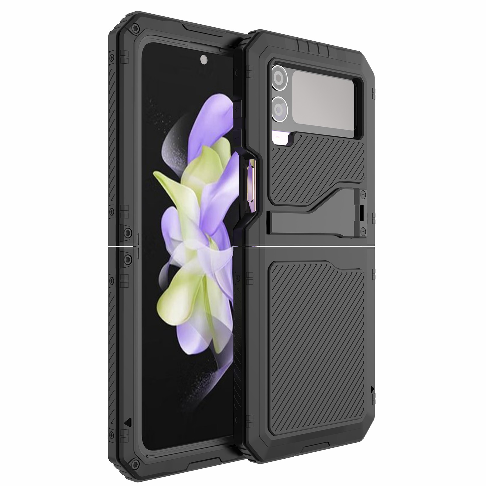 

Für Samsung Galaxy Z Flip4 5G Kickstand Harte Rüstungsabdeckung Aluminiumlegierung + Silikon Stoßdämpfer Telefonhülle Mit Kleinem Bildschirmschutz - Schwarz, Galaxy Z Flip4 5G