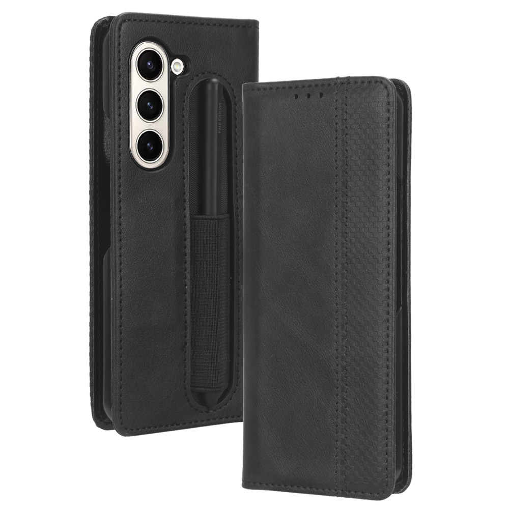 

Stand Telefonhülle Für Samsung Galaxy Z Fold5 5g, Retro PU Leder -telefonabdeckung Mit Stiftschlitz - Schwarz, Galaxy Z Fold5 5G
