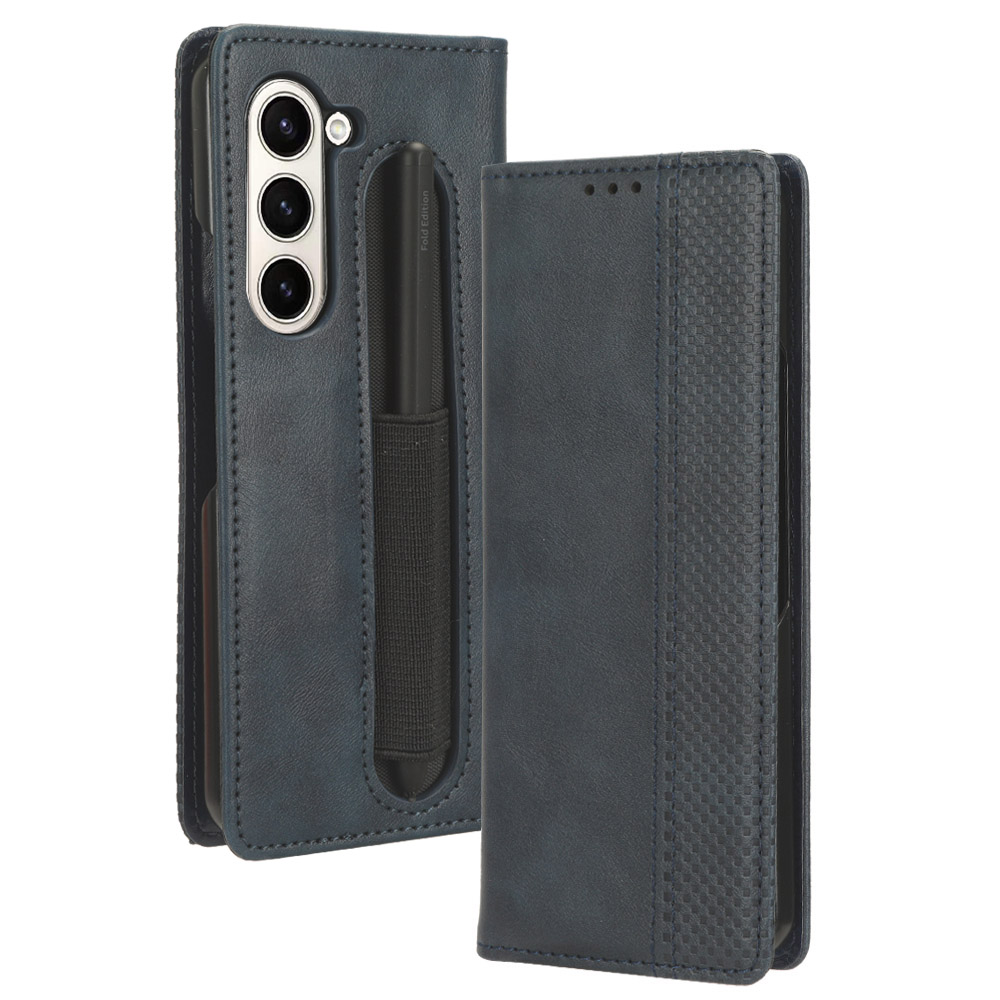 

Stand Telefonhülle Für Samsung Galaxy Z Fold5 5g, Retro PU Leder -telefonabdeckung Mit Stiftschlitz - Blau, Galaxy Z Fold5 5G