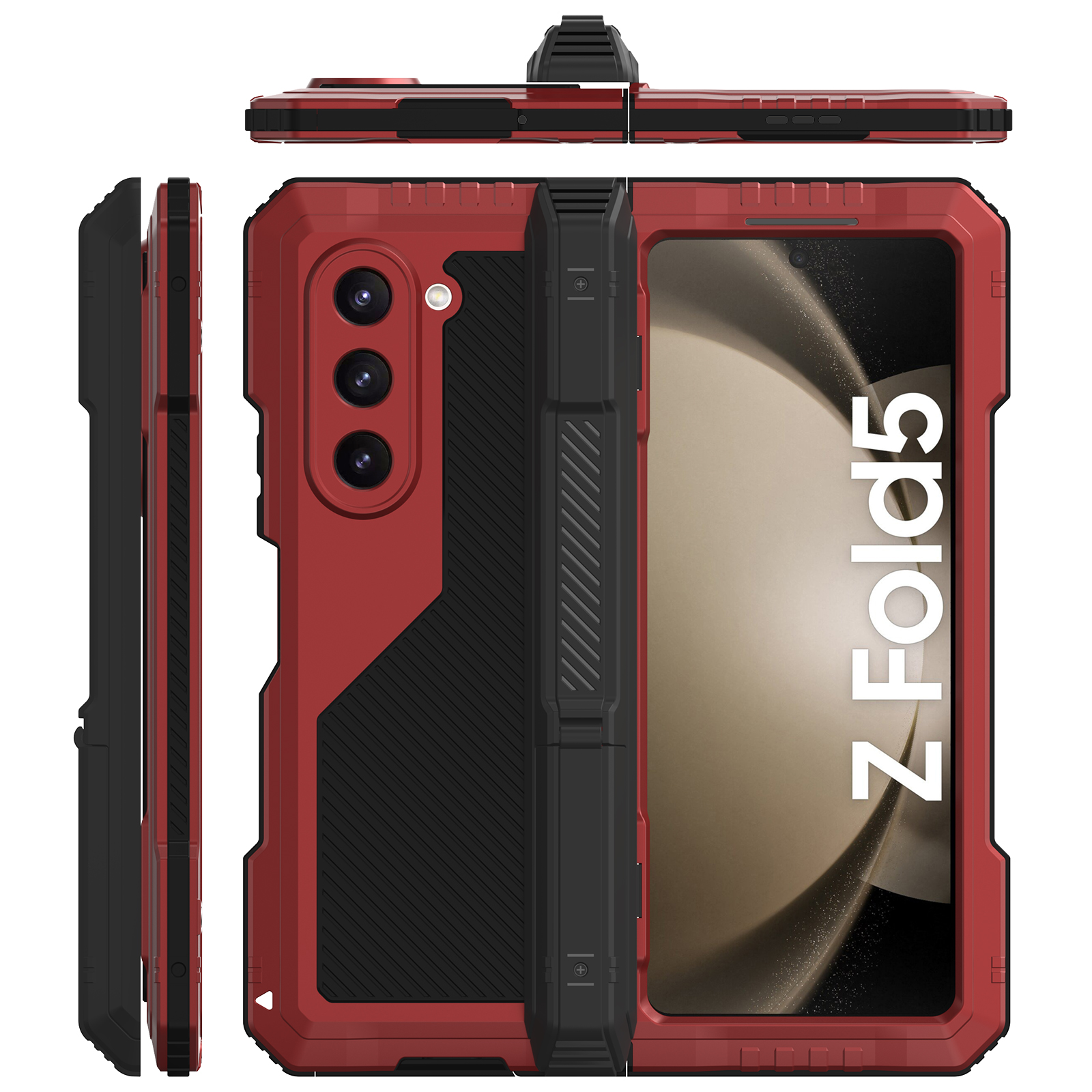 

Für Samsung Galaxy Z Fold5 5G Aluminiumlegierung + Silicon Phone Kickstand Hülle Schockdichte Schutzschutz Mit PET -bildschirmschutz - Rot, Galaxy Z Fold5 5G