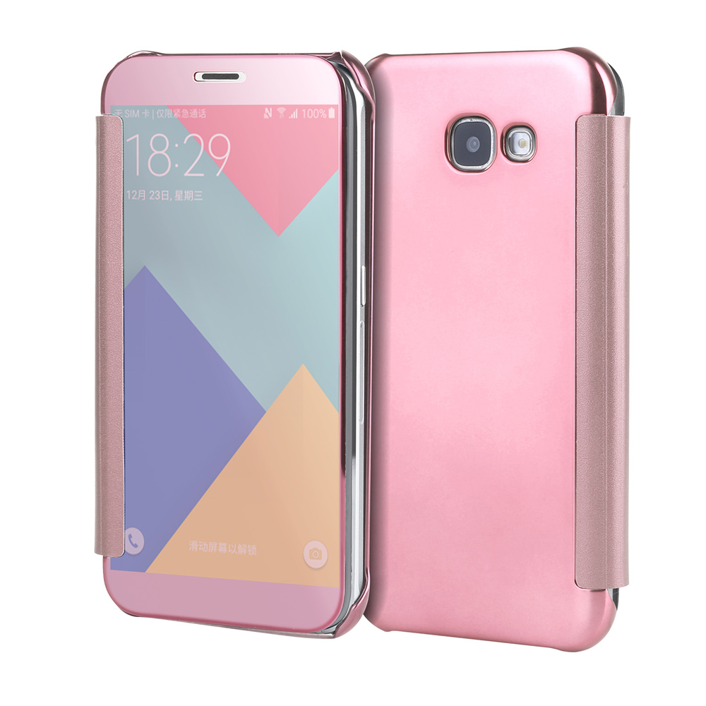 

Пластирование Зеркало Поверхности ПК Кожаный Умный Сотовый Телефон Для Samsung Galaxy A3 (2017) - Розовое Золото, Galaxy A3 (2017)