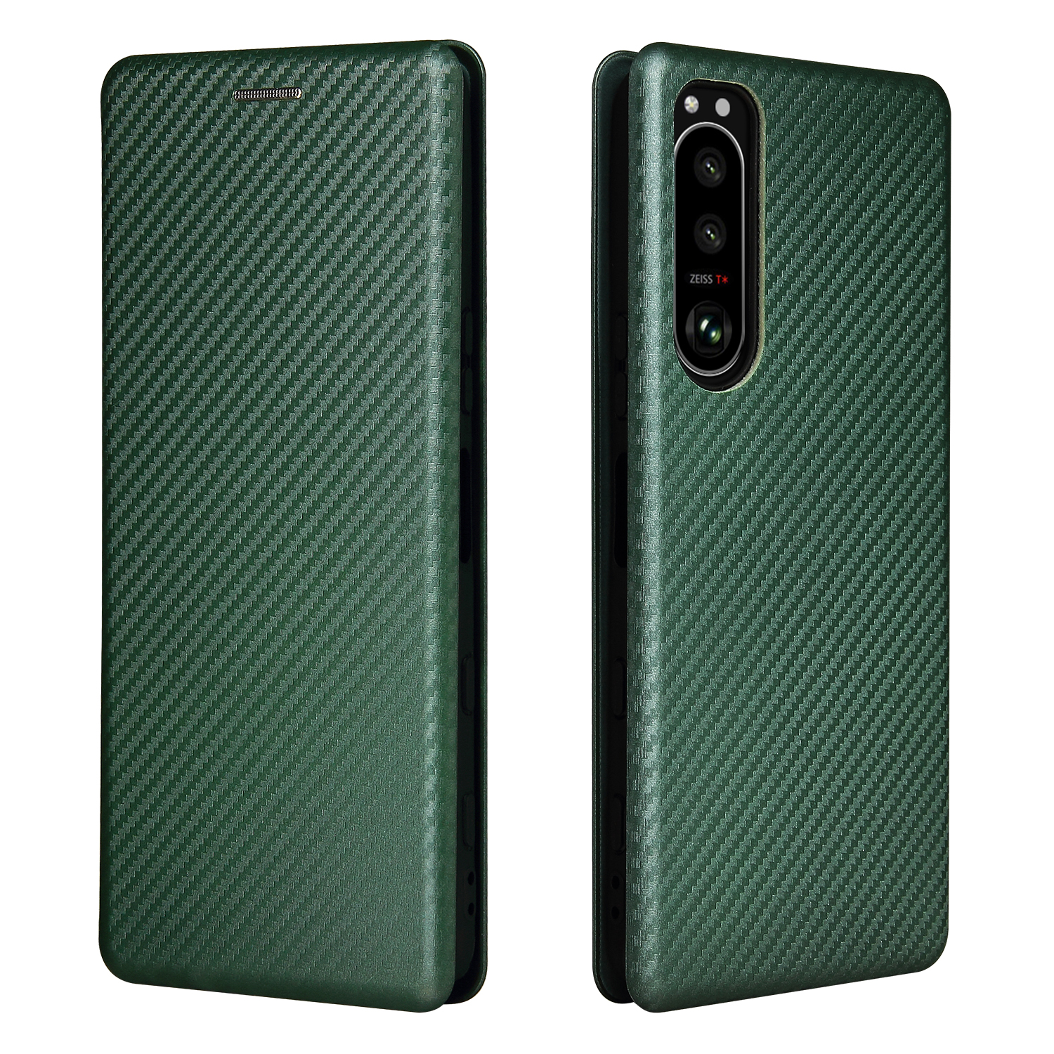 

Carbon Fiber Texture Auto-absorbed Cell Phone Stand Cover for Sony Xperia 5 III 5G - Green, Xperia 5 III 5G