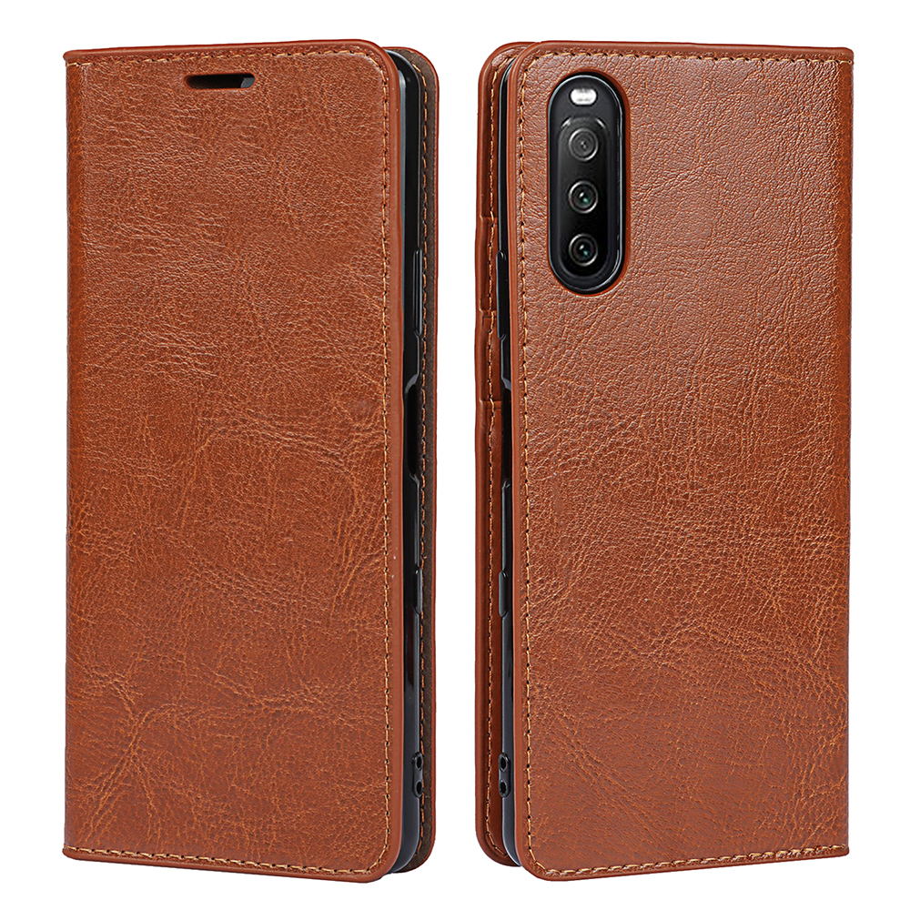 

Crazy Horse Texture Genuine Leather Stand Wallet Case Shell for Sony Xperia 10 III 5G - Brown