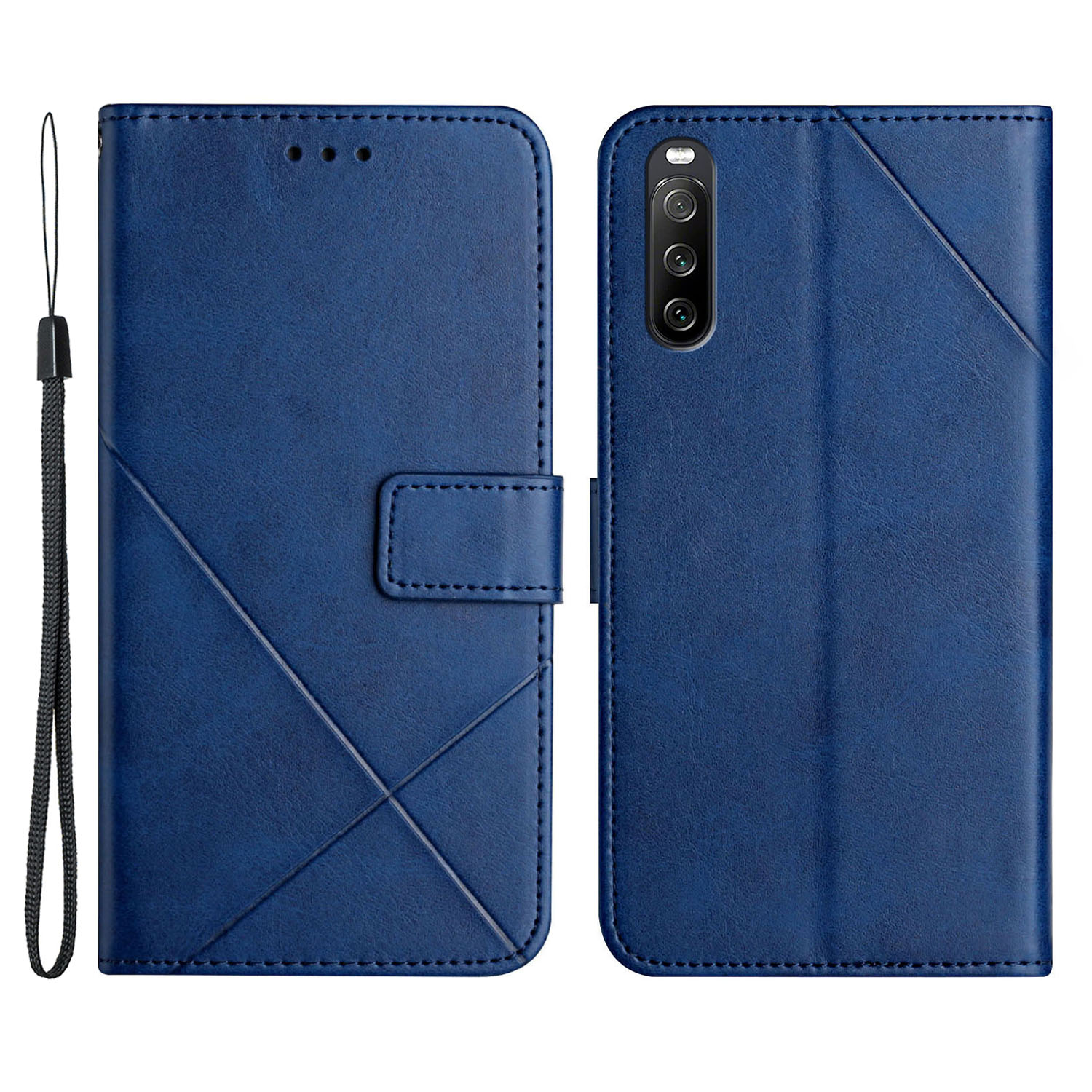 

Solid Color Stripe Leather Phone Case Wallet Shell for Sony Xperia 10 III 5G - Blue