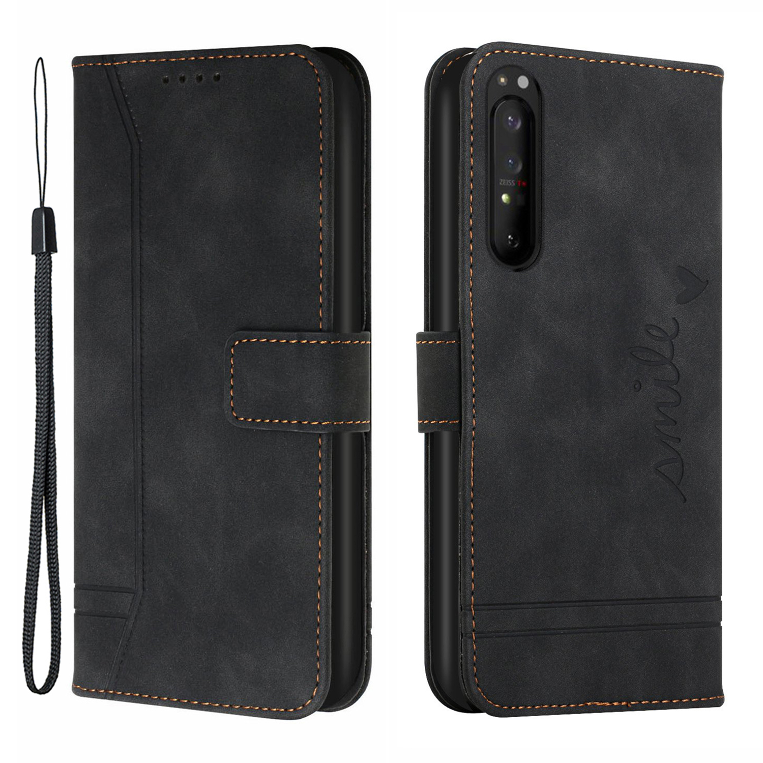 

003 Serie Herz Imprited Leder Brieftasche Design Hauttuch Gefühl Telefonständer Hülle Für Sony Xperia 1 III 5G - Schwarz, Xperia 1 III 5G
