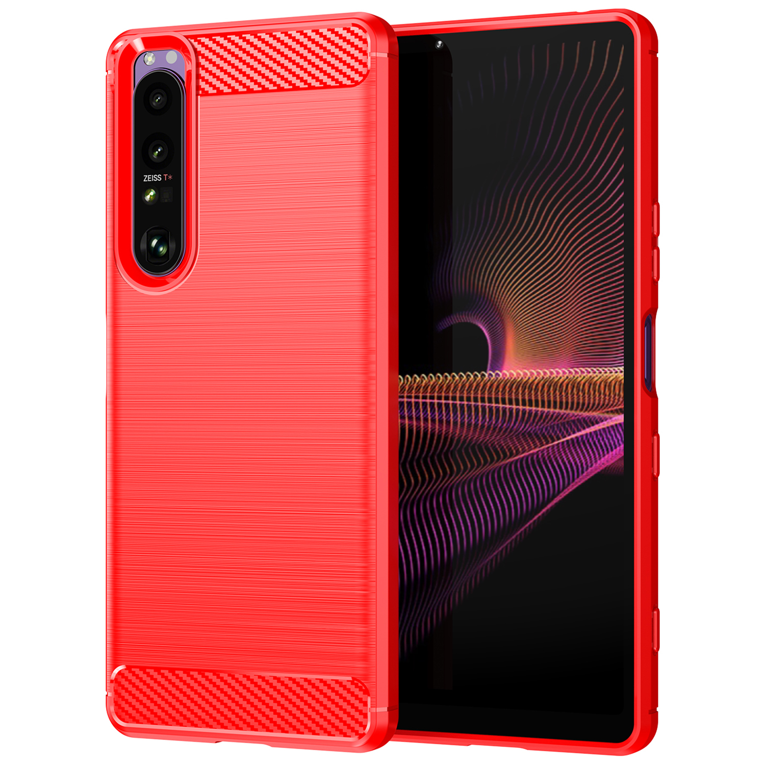 

1,8 mm TPU -hülle Kohlefaser Textur Feine Arbeit Gebürstete Oberflächenbiegung Für Sony Xperia 1 III 5G - Rot, Xperia 1 III 5G