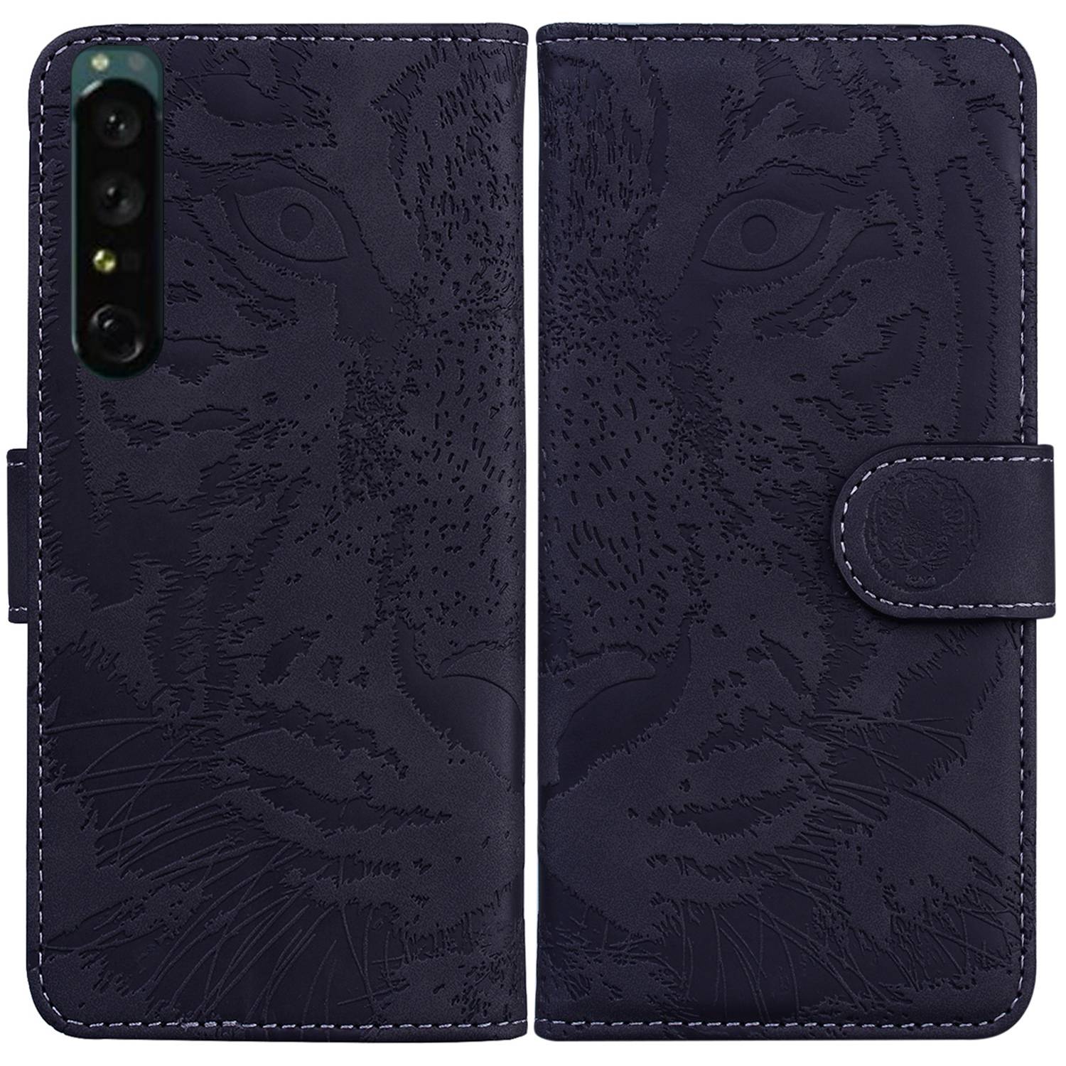 

PU Leder Buch Stand Hülle Für Sony Xperia 1 IV, Magnetische Verschluss Tiger Muster Gedruckter Brieftaschenstil Flip Cover - Schwarz, Sony Xperia 1 IV 5G
