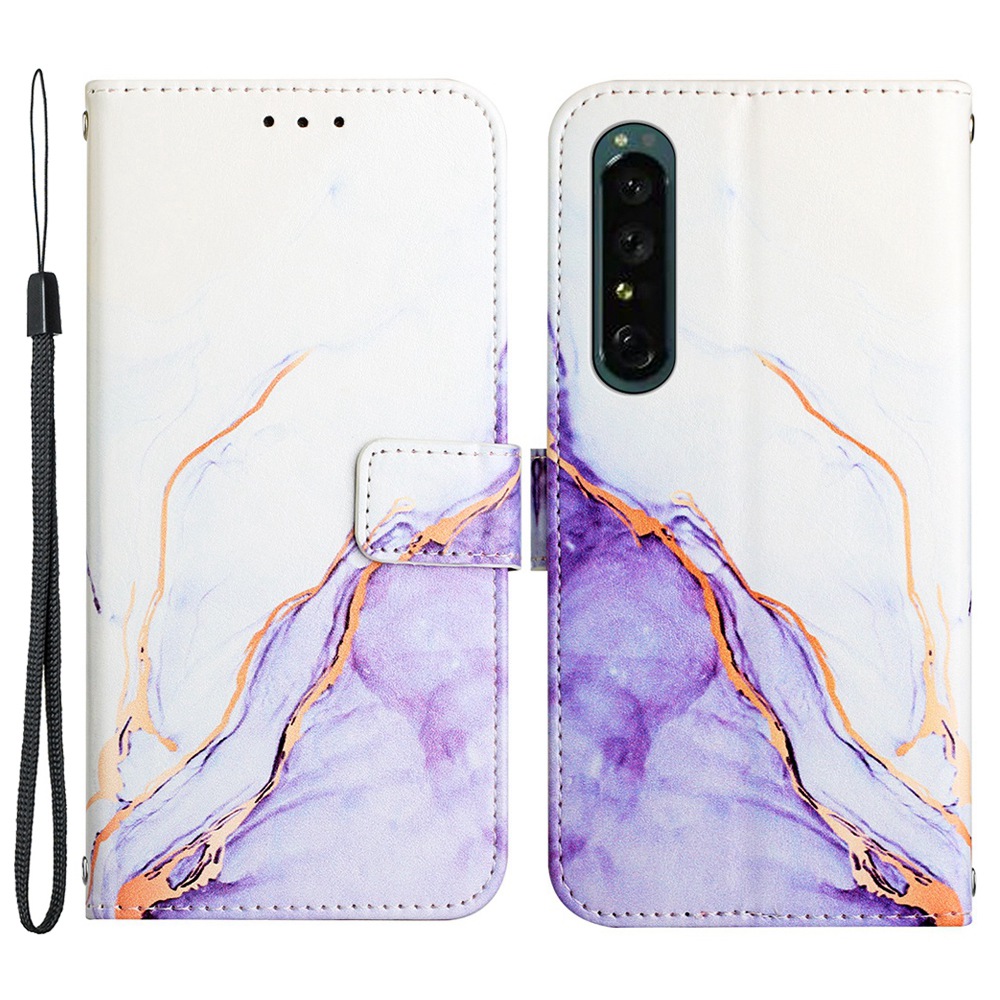 

Pattern Printing Leather Series-5 for Sony Xperia 1 IV Stylish Marble Pattern Phone Drop-proof Case PU Leather Wallet Stand Shell Protective Cover - White/Purple 006
