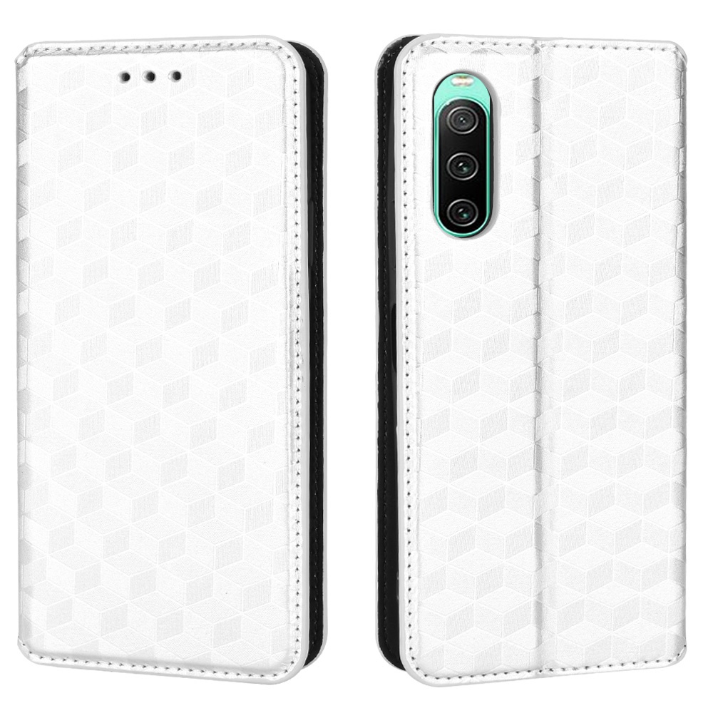 

Für Sony Xperia 10 IV PU Leder Imprinzipiertes Rhombus -muster Phone Hülle Wallet Stand Magnetic Auto Closeur Cover - Silber-, Sony Xperia 10 IV 5G