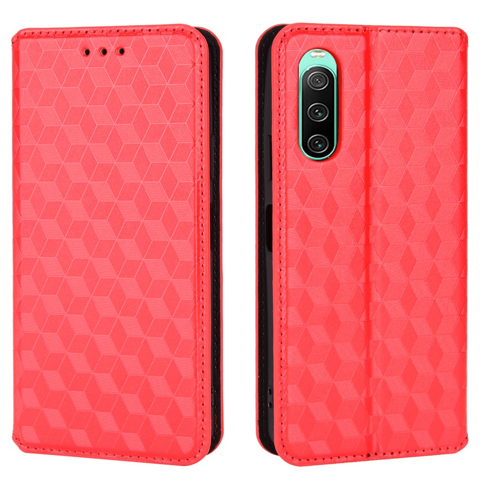 

Für Sony Xperia 10 IV PU Leder Imprinzipiertes Rhombus -muster Phone Hülle Wallet Stand Magnetic Auto Closeur Cover - Rot, Sony Xperia 10 IV 5G