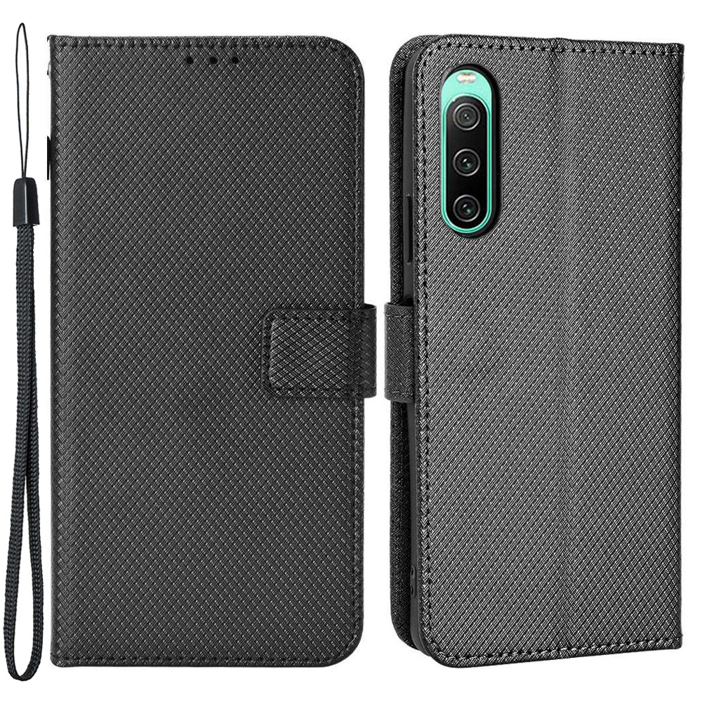 

Diamond Textur PU Ledertasche Für Sony Xperia 10 IV, Brieftaschen -telefonständer Mit Handlichem Riemen - Schwarz, Sony Xperia 10 IV 5G