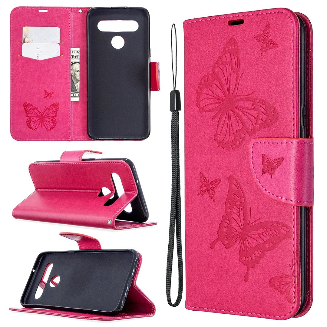 Imprint Butterfly Stand Leather with Wallet Case for LG K61 - Rose