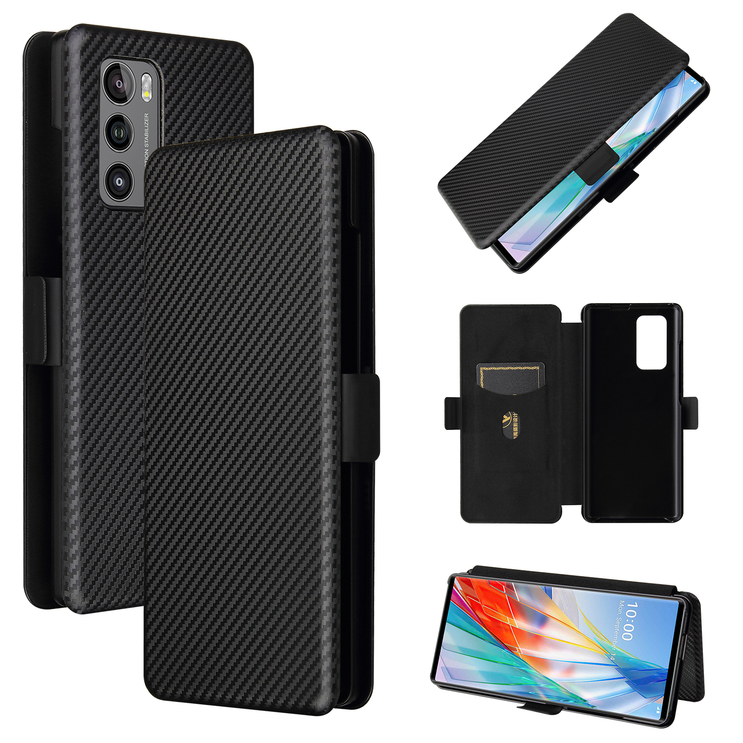 

Kohlefaserhaut Magnetische Telefonhülle Mit Schnallen + Kartenhalter + Ringriemen Für LG Flügel 5G - Schwarz, LG Wing 5G