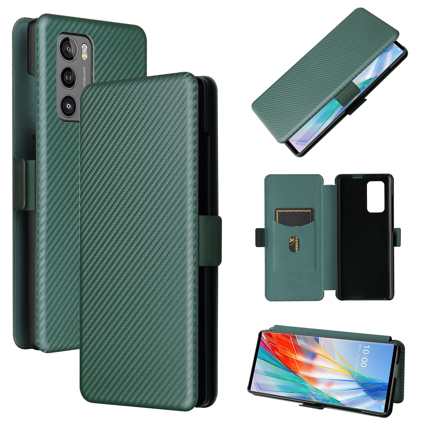 

Kohlefaserhaut Magnetische Telefonhülle Mit Schnallen + Kartenhalter + Ringriemen Für LG Flügel 5G - Grün, LG Wing 5G