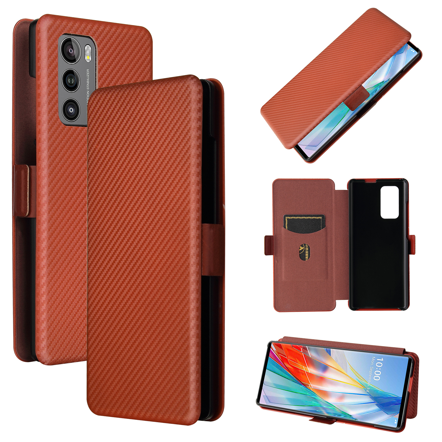 

Kohlefaserhaut Magnetische Telefonhülle Mit Schnallen + Kartenhalter + Ringriemen Für LG Flügel 5G - Braun, LG Wing 5G