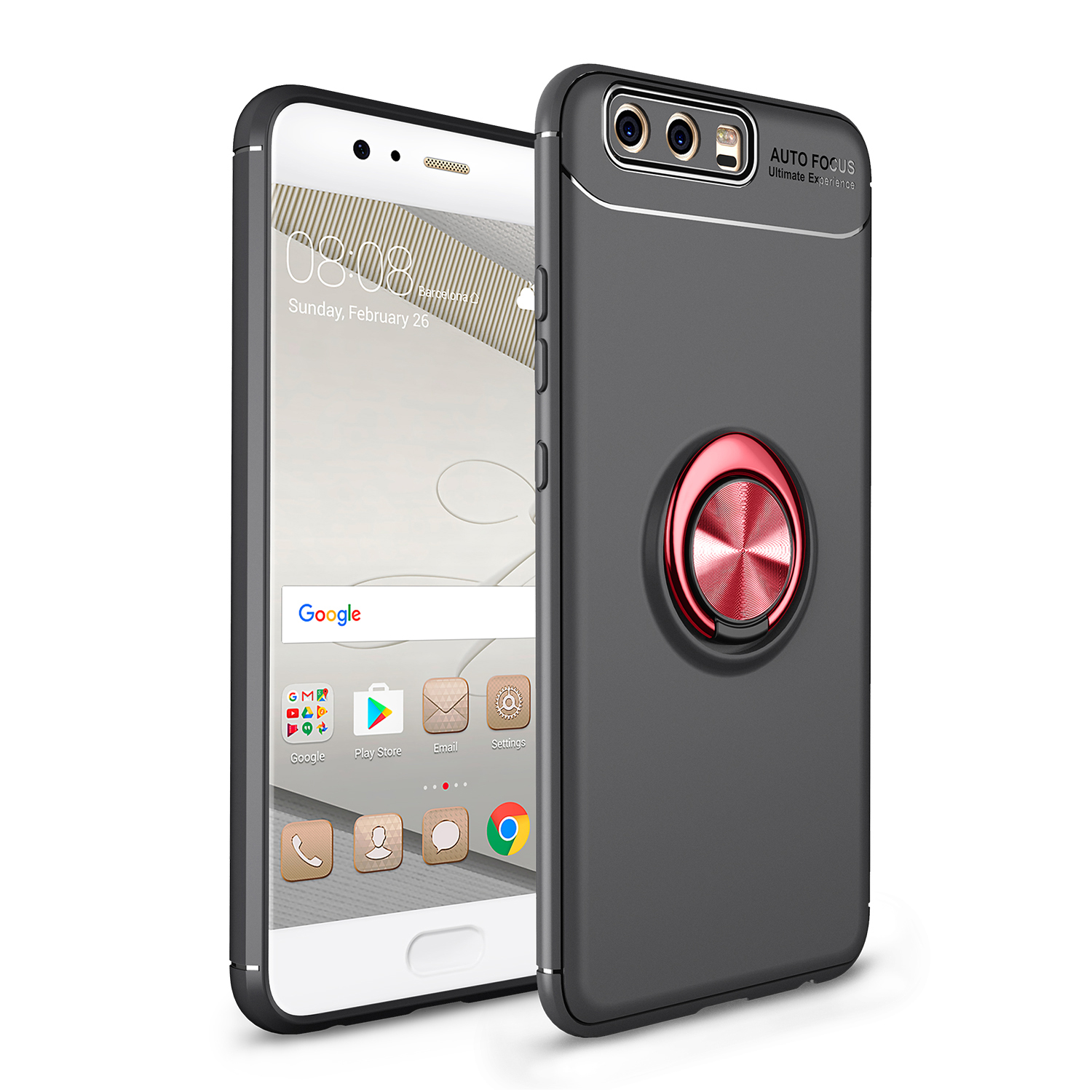 

Finger Ring Kickstand TPU Shell Case for Huawei P10 (Built-in Metal Sheet) - Black + Red