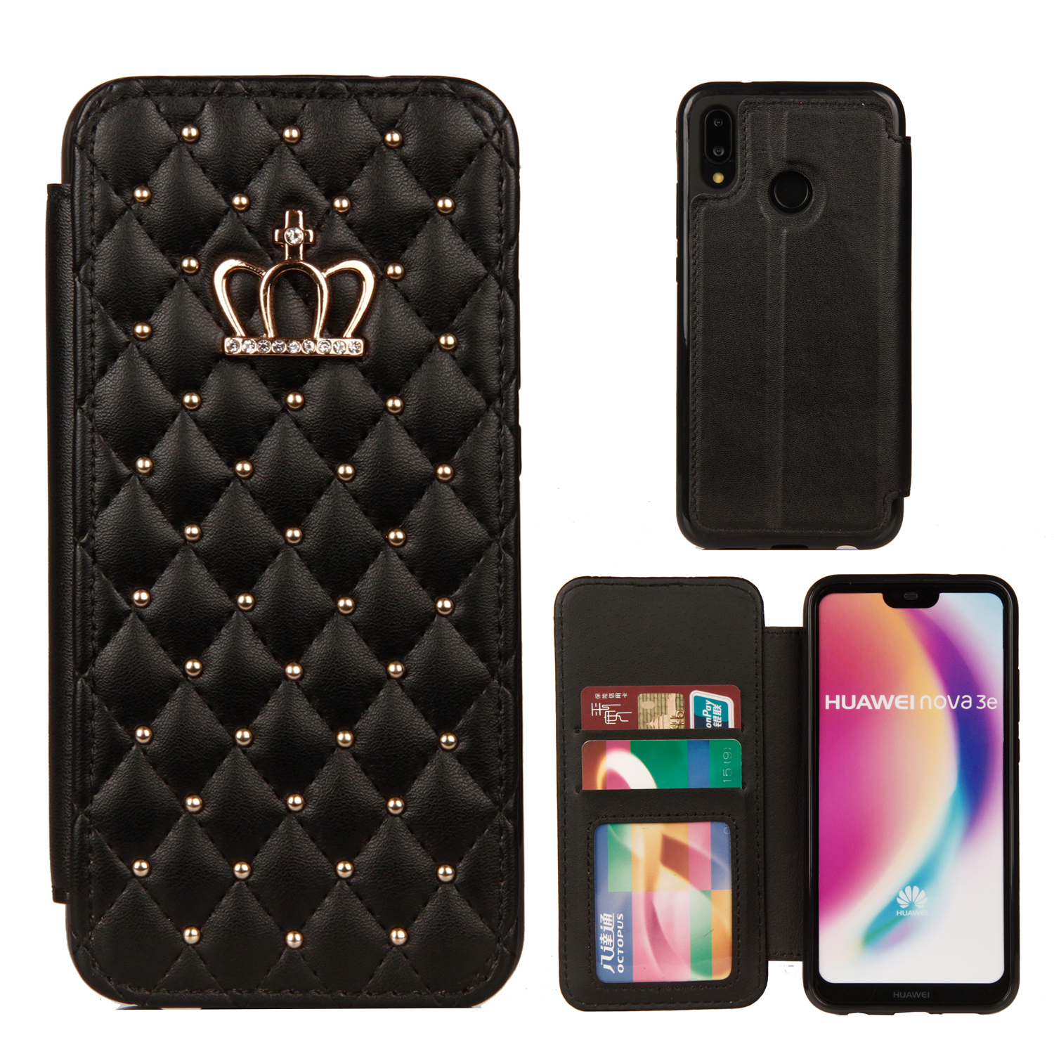 

Coux Rhombus Crown Cuir Stand Case Avec Des Emplacements de Carte Pour Huawei P20 Pro - le Noir