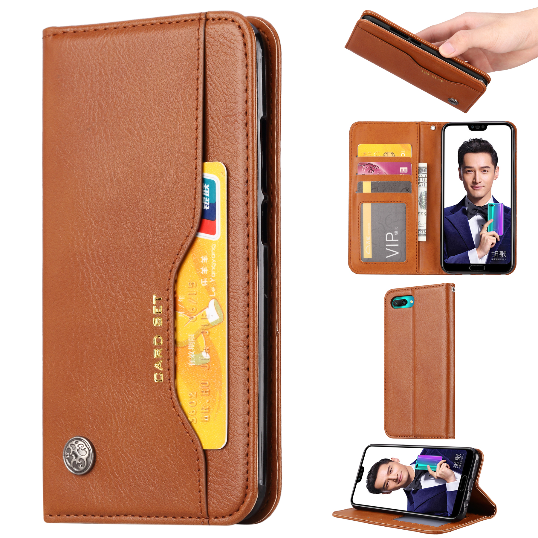 

Auto-absorbed Leather Wallet Stand Protection Case for Huawei Honor 10 - Brown