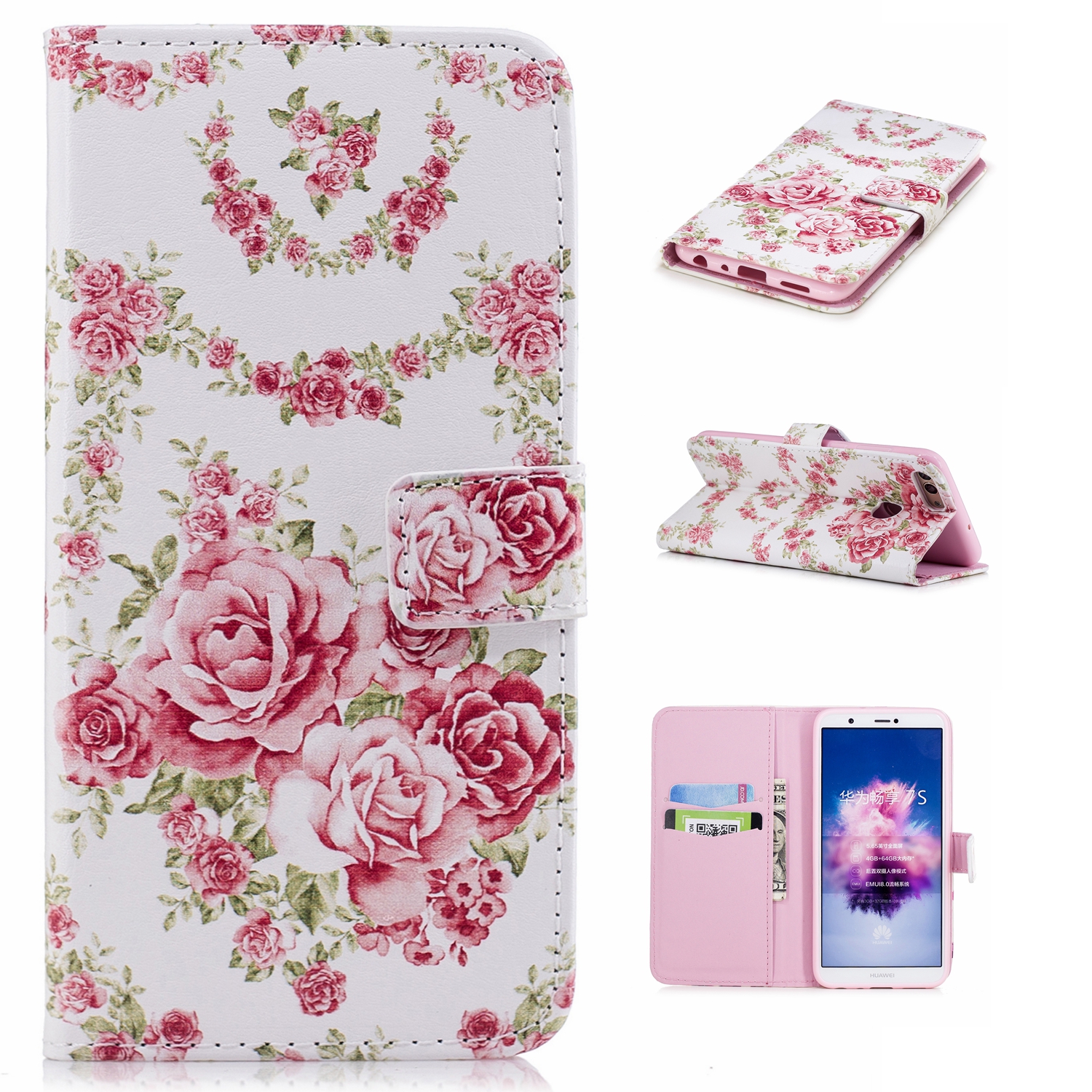 

Modèle en Relief de Portefeuille en Cuir Couverture Mobile Pour Huawei P Intelligent / Profitez de 7s - Pivoines Fleuries
