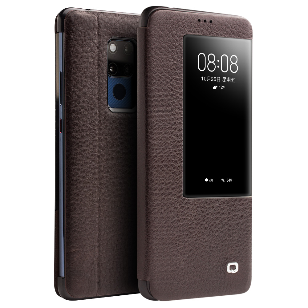 

QIALINO for Huawei Mate 20 X View Window Cowhide Leather Smart Stand Case - Coffee, Huawei Mate 20 X