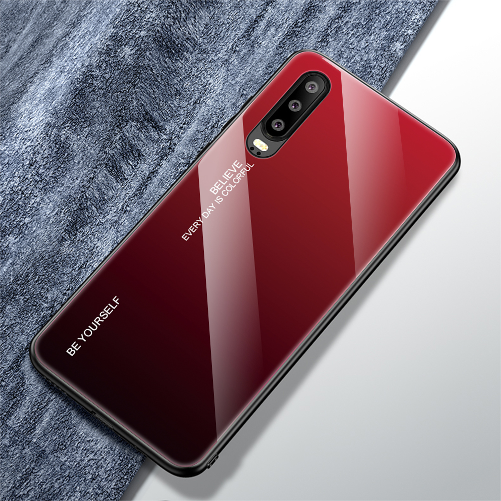 

[Gradient Color] Glass + TPU + PC Hybrid Back Case for Huawei P30 - Red, Huawei P30