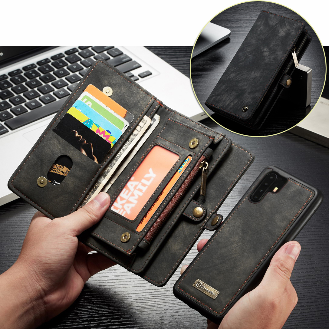 

Caseme 008 Serie Multifunktional 2-in-1 Reißverschluss Brieftet Split Ledertasche Für Huawei P30 Pro - Grau, Huawei P30 Pro