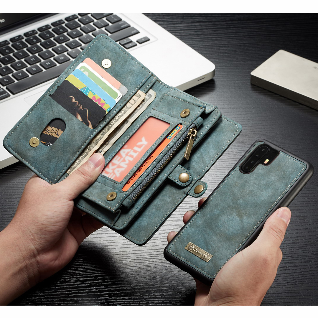 

Caseme 008 Serie Multifunktional 2-in-1 Reißverschluss Brieftet Split Ledertasche Für Huawei P30 Pro - Blau, Huawei P30 Pro
