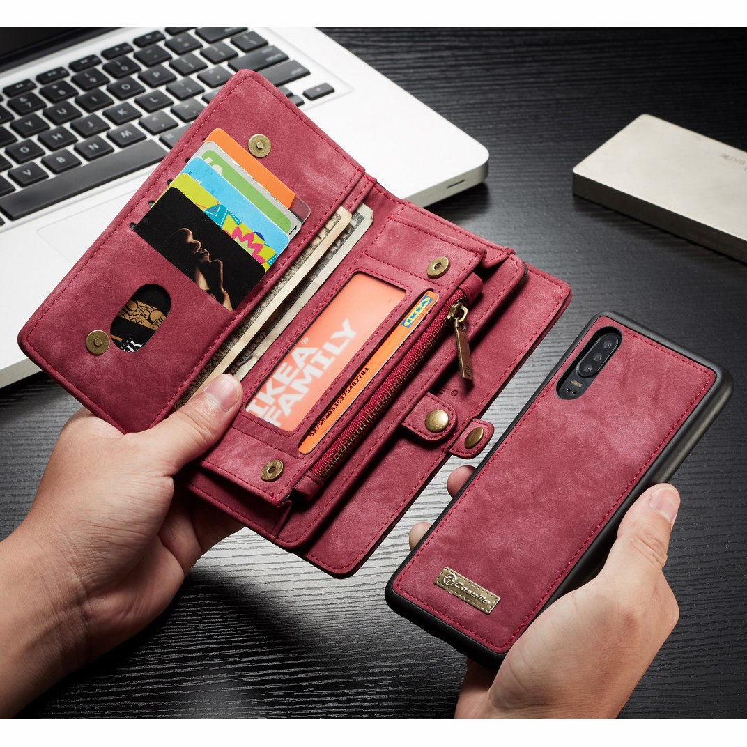 

CASEME 008 Series Multifunktionale 2-in-1-Reißverschluss-Wallet Split Ledertasche Für Huawei P30 - Rot, Huawei P30