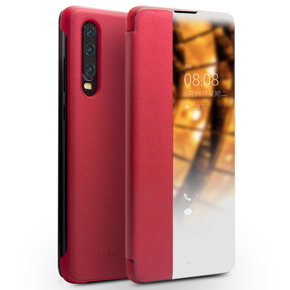 

QIALIO FÜR HUAWEI P30 Ansicht Fenster Cowhide Leather Smart Phone Case - Rot, Huawei P30