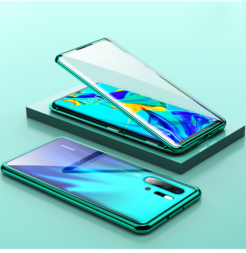 

Magnetic Installation Metal Frame + Dual Sided Tempered Glass Alll-side Protective Cell Phone Case for Huawei P30 Pro - Green