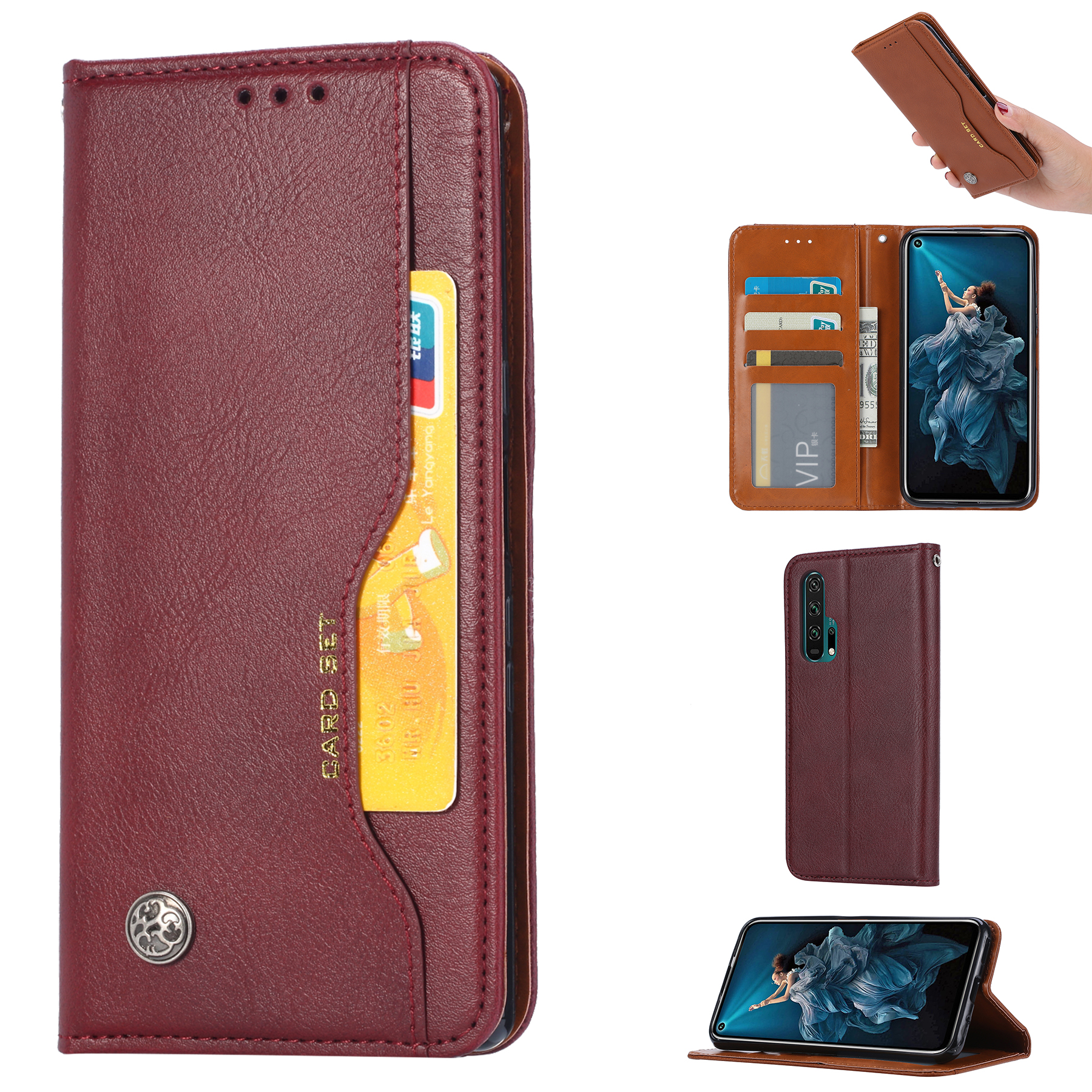 

PU+Split Leather Auto-absorbed Stand Wallet Protective Case Shell for Huawei Honor 20 Pro - Wine Red, Huawei Honor 20 Pro