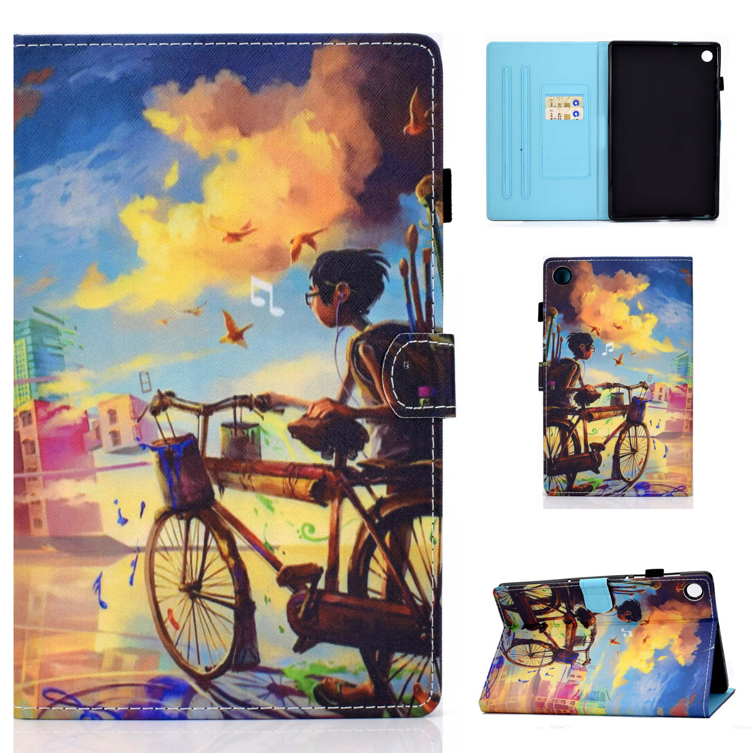 

Nähte Leder Mit Kartenhaltertablettenabdeckung Mit Musterdruck Für Huawei Matepad T10/T10S - Fahrrad Und Junge, Huawei MatePad T 10S