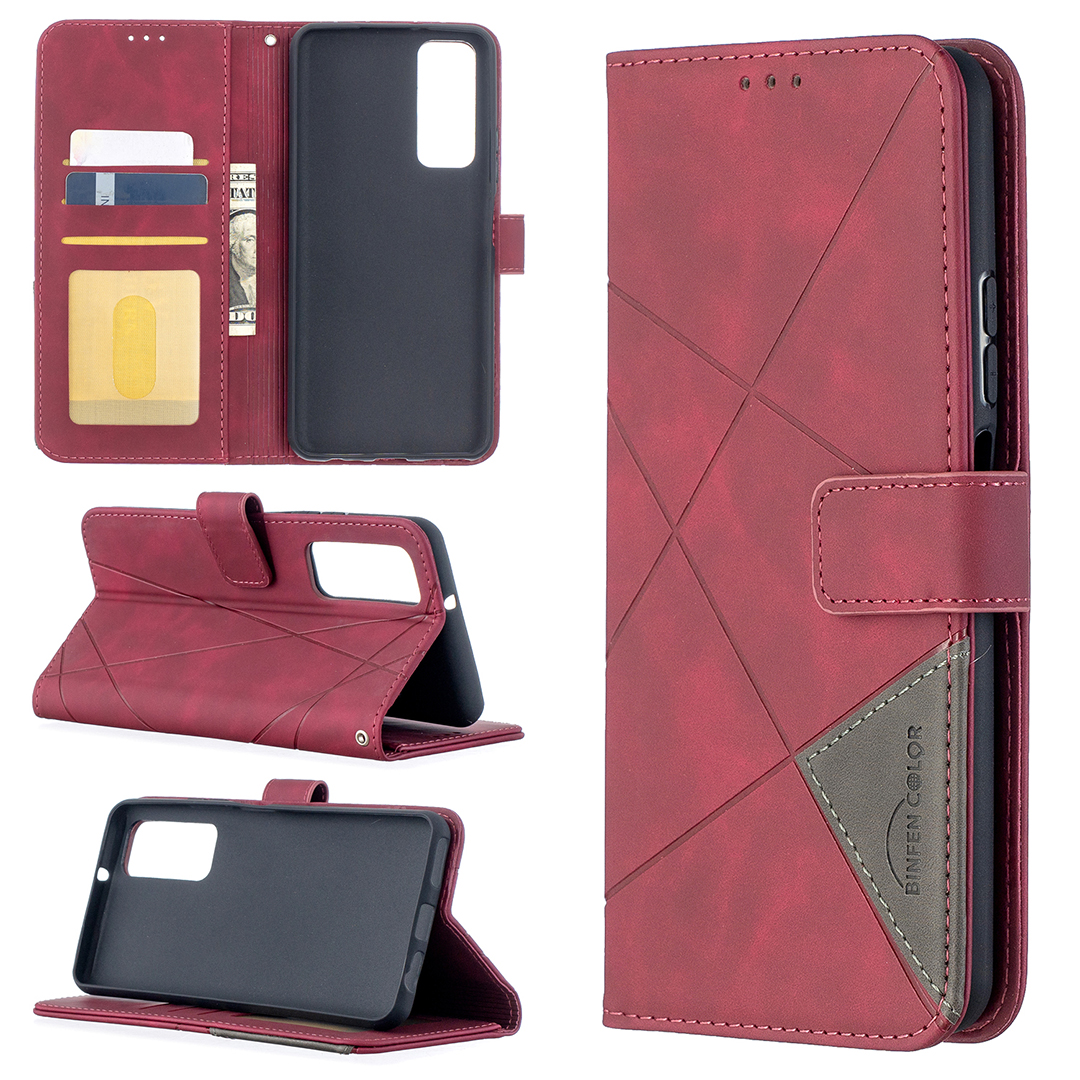 

BF05 Geometric Texture Leather Wallet Stand Protector Case for Huawei P smart 2021 / Y7a - Red